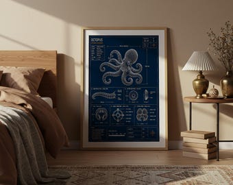 Octopus Blueprint Technical Print | Marine Biology Wall Art Poster | Ocean Wildlife Gift | Nautical Decor