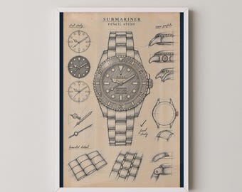 Rolex Submariner Pencil Study Print | Dive Watch Sketch Wall Art | Submariner Drawing Gift for Watch Lovers