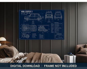 Mini Cooper S Blueprint Print | Digital Download | 5 Print Ratios 300 DPI | Car Wall Art | Printable Poster