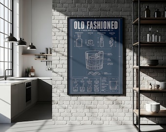 Old Fashioned Cocktail Blueprint Print | Digital Download | 5 Print Ratios 300 DPI | Cocktail Wall Art | Printable Poster