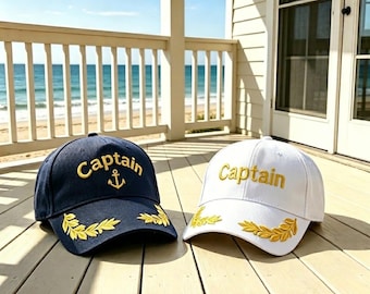 Classic Captain Hat Set of 2 - Flat Embroidery Sailor Ship Skipper Cap, Baseball Yacht Hat for Boat Cruise, Costume, Beach Vacation
