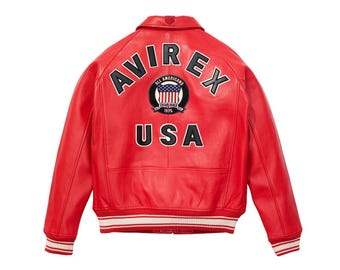 Herren Avirex USA Rot Leder Bomberjacke Handgefertigte Echte Lammfell Varsity Streetwear Jacke