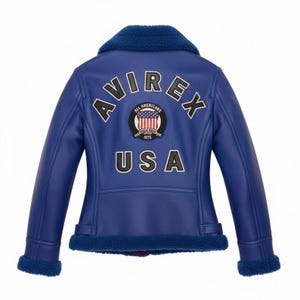 Women’s royal blue Avirex shearling leather bomber jacket front view with USA patch and zip closure