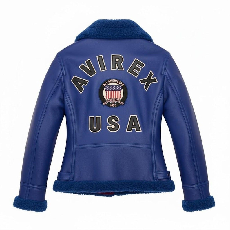 Women’s royal blue Avirex shearling leather bomber jacket front view with USA patch and zip closure