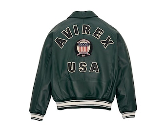 Blouson aviateur Avirex USA pour homme, fait main en cuir de vachette, veste style streetwear universitaire