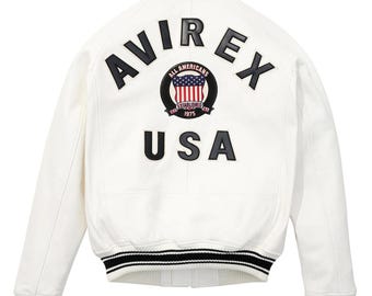 Herren Avirex USA Schneewittchenjacke Handgefertigte echte Lammfellleder Varsity Streetwear Bomberjacke