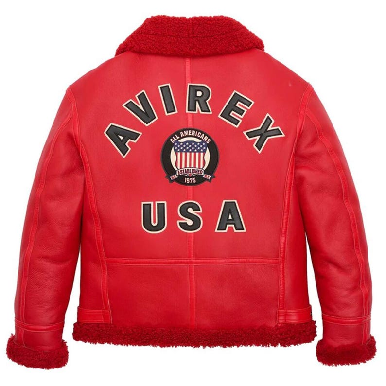 Handmade red shearling aviator leather jacket front zipper winter coat