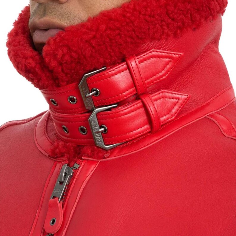 Detailed USA embroidered back patch on red B3 shearling aviator jacket