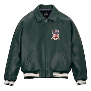 Men’s handmade Avirex inspired leather varsity jacket in pastel blue color with embroidered USA chest patch and zip front