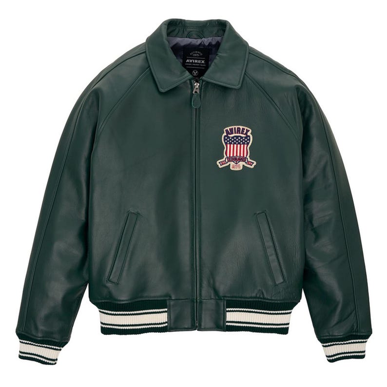 Men’s handmade Avirex inspired leather varsity jacket in pastel blue color with embroidered USA chest patch and zip front