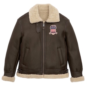 Men’s brown shearling leather bomber jacket front view with fur collar