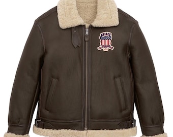 Herren Avirex B3 Shearling Kunstpelzjacke Handgefertigtes echtes Schaffellleder Brauner Bomber Aviator