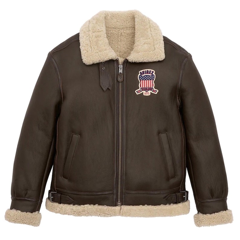 Men’s brown shearling leather bomber jacket front view with fur collar