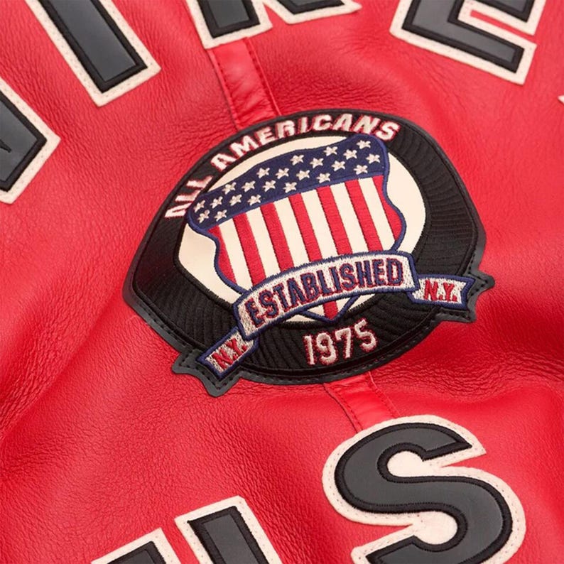 Avirex USA embroidered chest patch on premium red leather jacket