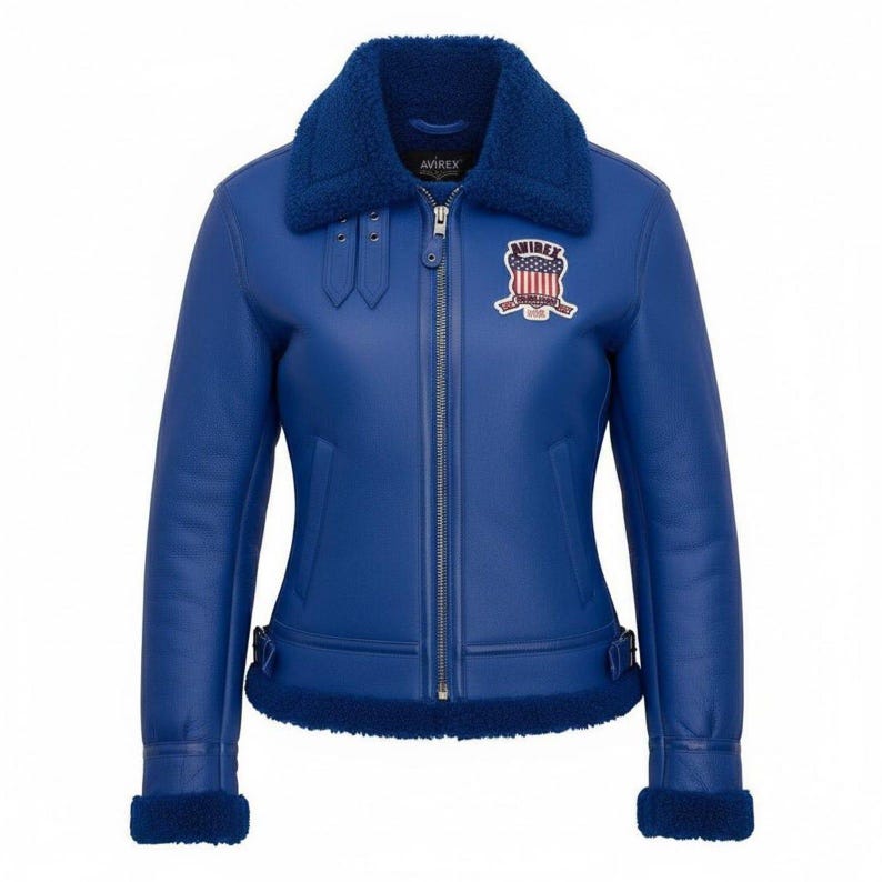 Back view of women’s blue Avirex USA genuine cowhide leather biker bomber jacket with bold lettering