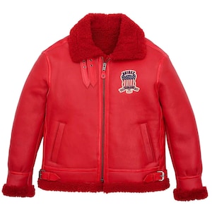 Men’s red Avirex shearling leather bomber jacket back view with USA embroidered logo