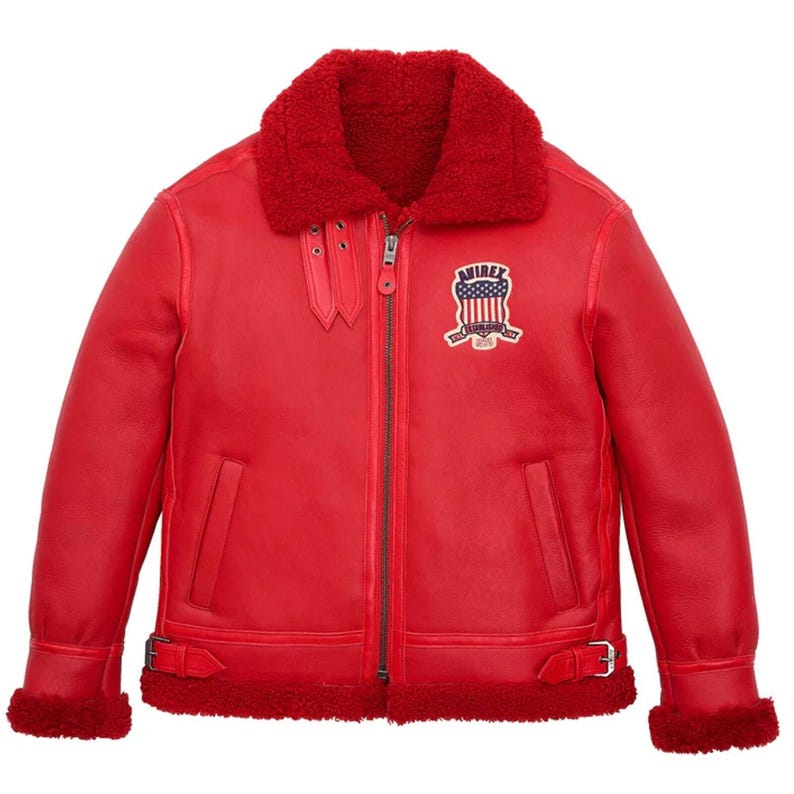 Men’s red Avirex shearling leather bomber jacket back view with USA embroidered logo