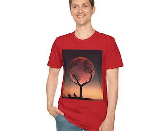 Koszulka z motywem zachodzącego słońca i drzewa księżycowego Red Moon Tree | Sylwetka krajobrazu, nocne niebo
