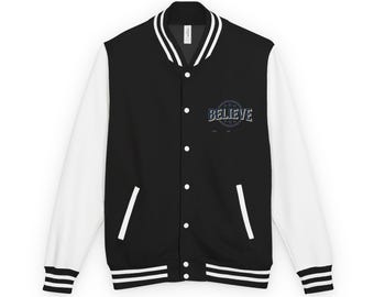 Believe Typography Letterman Jacket | Script Emblem