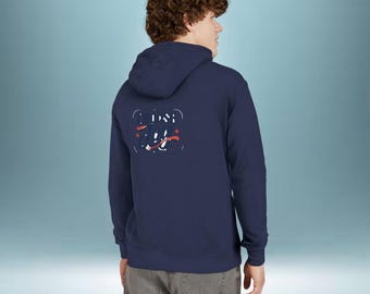 Bluza z kapturem „Abstrakcyjne fale kosmiczne” | Granatowy nadruk z tyłu, retro kosmiczny wzór