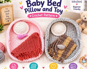 Puede incluir: Un patrón de ganchillo para una cama de bebé, almohada y juguete. La imagen muestra dos camas ovaladas de ganchillo, una rosa y una gris, cada una con una pequeña almohada redonda y una manta. La cama rosa tiene una manta roja y un juguete rosa, la cama gris tiene una manta marrón a rayas y un juguete gris.