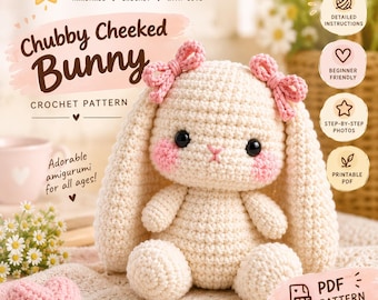 Puede incluir: Un conejo amigurumi de ganchillo color crema con orejas largas, mejillas rosadas y dos pequeños lazos rosas. El texto dice WallFunStudio Chubby Cheeked Bunny Crochet Pattern, Adorable amigurumi for all ages, Detailed instructions, Beginner friendly, Step-by-step photos, Printable PDF y PDF Pattern.
