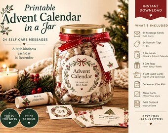 Calendario de Adviento imprimible en un frasco, 24 mensajes de autocuidado, regalo de cuenta regresiva navideña, tarjetas de mindfulness en PDF