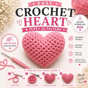 Crochet Heart Pattern PDF, Easy Beginner Crochet Heart Applique, Multiple Sizes, Valentine Heart Pattern, Instant Download, Photo Tutorial