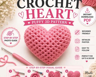 Patrón de corazón a crochet en PDF, aplique de corazón a crochet fácil para principiantes, varios tamaños, patrón de corazón para San Valentín, descarga instantánea, tutorial fotográfico.