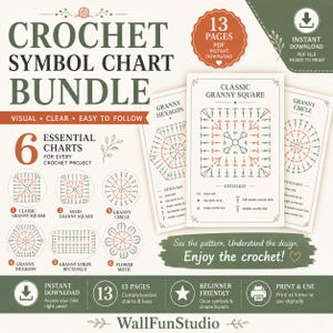 Crochet Symbol Chart Bundle | 6 Motif Patterns Granny Square Circle Hexagon Flower | Visual Diagram PDF No Written Pattern Digital Download