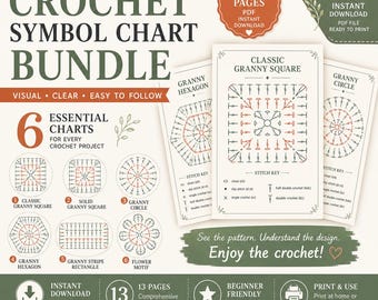 Puede incluir: Un paquete de diagramas de símbolos de ganchillo con 13 páginas de patrones que incluyen un granny square clásico, un hexágono y un círculo. El documento incluye claves de puntos, diagramas visuales e instrucciones para seis proyectos.