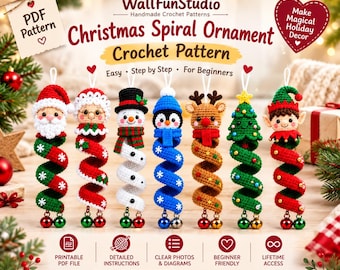 Patrón de ganchillo navideño en PDF, 7 adornos en espiral de amigurumi, Papá Noel, muñeco de nieve, reno, elfo, pingüino, árbol, paquete de adornos de cascabeles