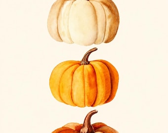 Puede incluir: Una impresión de arte mural digital con tres calabazas en acuarela apiladas verticalmente. La calabaza superior es crema, la del medio es naranja brillante y la inferior es de un naranja rojizo intenso. Texto: WATERCOLOR PUMPKIN PRINTABLE Autumn Wall Art • Digital Download.