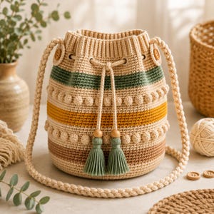 Könnte beinhalten: Eine beige Häkel-Beuteltasche mit horizontalen Streifen in Salbeigrün, Senfgelb und Braun. Die Tasche verfügt über einen geflochtenen Schulterriemen, einen Kordelzug mit zwei salbeigrünen Quasten und dekorative Noppenmuster-Akzente.