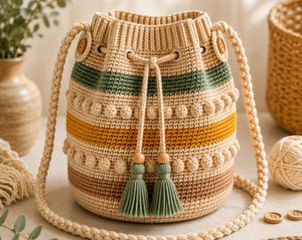 Puede incluir: Un bolso tipo cubo de ganchillo beige con rayas horizontales en verde salvia, amarillo mostaza y marrón. El bolso incluye una correa trenzada para el hombro, un cierre de cordón con dos borlas verde salvia y detalles decorativos de punto bobble.