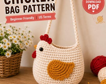 Puede incluir: Un bolso de ganchillo en forma de pollo de color crema con un ala de color amarillo mostaza, una cresta y barbillas rojas, y un ojo negro. El texto dice Crochet CHICKEN BAG PATTERN, Beginner Friendly | US Terms, INSTANT DOWNLOAD PDF y By WallFunStudio.