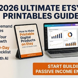 May include: An advertisement for a 2026 Etsy Printables Guide. The image features a tablet and laptop displaying digital product information, a to-do list, and a coffee cup. Text includes "Master In-Demand Micro-Niches" and "Start Building Your Passive Income Empire Today!"