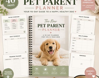 Puede incluir: Un planificador para dueños de mascotas de 40 páginas con encuadernación en espiral y un cachorro golden retriever en la portada. Incluye secciones para un resumen de 90 días, horario diario, seguimiento de salud, comidas y recuerdos.