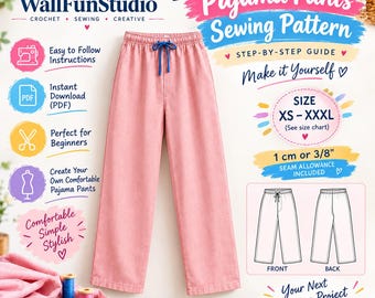 Puede incluir: Un patrón de costura para pantalones de pijama de WallFunStudio, que muestra un pantalón rosa con un cordón azul. La imagen incluye texto como Pajama Pants Sewing Pattern, tallas XS-XXXL y 1 cm or 3/8 inch seam allowance included.