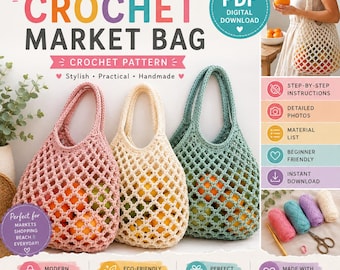 Puede incluir: Un patrón de ganchillo digital en PDF para una bolsa de mercado, con tres bolsas terminadas en rosa, crema y verde con un diseño de malla de rombos. La imagen incluye texto, iconos y ovillos de lana, mostrando instrucciones paso a paso.
