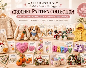 Puede incluir: Una colección de patrones de ganchillo en PDF de Wallfunstudio con varios juguetes amigurumi, prendas y decoración. La muestra incluye un suéter beige, un conejo, un perro, muñecos de nieve, una manta de estrella y letras tejidas.