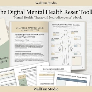 Könnte beinhalten: Das digitale Mental Health Reset Toolkit umfasst ein hybrides E-Book mit über 60 Seiten, ein körperliches Mapping-Diagramm, ein Smartphone mit 30 täglichen Manifestations- und Erdungs-Audios sowie eine Notfall-Deeskalationskarte.