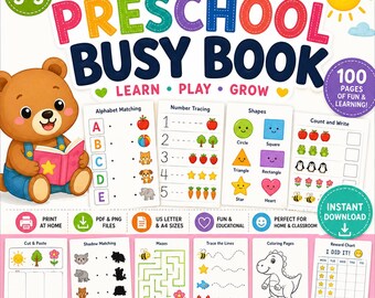 Libro de actividades imprimible para preescolar | 100 actividades para niños de 3 a 5 años | Alfabeto, números, formas y colores | Hojas de trabajo para jardín de infantes y educación en casa