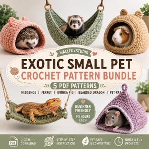 Könnte beinhalten: Ein digitales Set aus 5 Häkelanleitungen für kleine Haustiere mit dem Text WALLFUNSTUDIO EXOTIC SMALL PET CROCHET PATTERN BUNDLE. Das Bild zeigt gehäkelte Tierbetten und Hängematten, die von einem Igel, Frettchen, Meerschweinchen, Bartagamen und einer Ratte bewohnt werden.