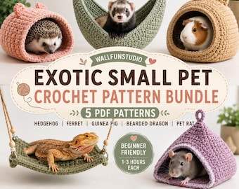 Puede incluir: Un paquete digital de 5 patrones de ganchillo para mascotas pequeñas, con el texto WALLFUNSTUDIO EXOTIC SMALL PET CROCHET PATTERN BUNDLE. La imagen muestra camas y hamacas de ganchillo ocupadas por un erizo, hurón, cobaya, dragón barbudo y rata.