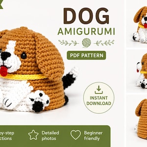 Könnte beinhalten: Eine Häkelanleitung für einen Beagle-Amigurumi aus braunem, weißem und schwarzem Garn mit gelbem Halsband und roter Zunge. Der Text lautet DOG AMIGURUMI, PDF PATTERN, INSTANT DOWNLOAD, CROCHET PATTERN, Step-by-step instructions, Detailed photos, Beginner friendly.