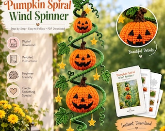 Puede incluir: Un patrón de ganchillo para un móvil de viento en espiral con tres calabazas naranjas con tallos marrones, enredaderas verdes y pequeñas estrellas amarillas. La descarga digital incluye instrucciones paso a paso en PDF.