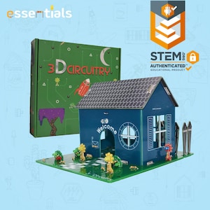 May include: A STEM-authenticated 3D Circuitry educational kit. The kit includes a blue house model with a gray roof, a green base, and a green box with the text "3D Circuitry". The house has a "welcome" sign and a round window.