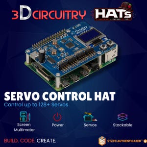 Raspberry Pi Servo Control HAT Kit | Controls 16 Servos | Stackable to 128+ Servos | USB-C Powered | OLED Voltage & Current Display