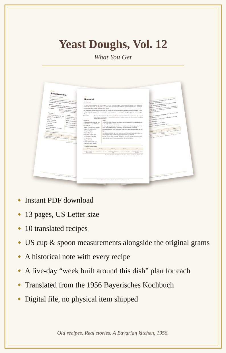May include: A digital PDF document titled Yeast Doughs, Vol. 12, featuring 13 pages of 10 translated recipes from the 1956 Bayerisches Kochbuch. Each recipe includes US cup and spoon measurements, grams, historical notes, and a five-day meal plan.
